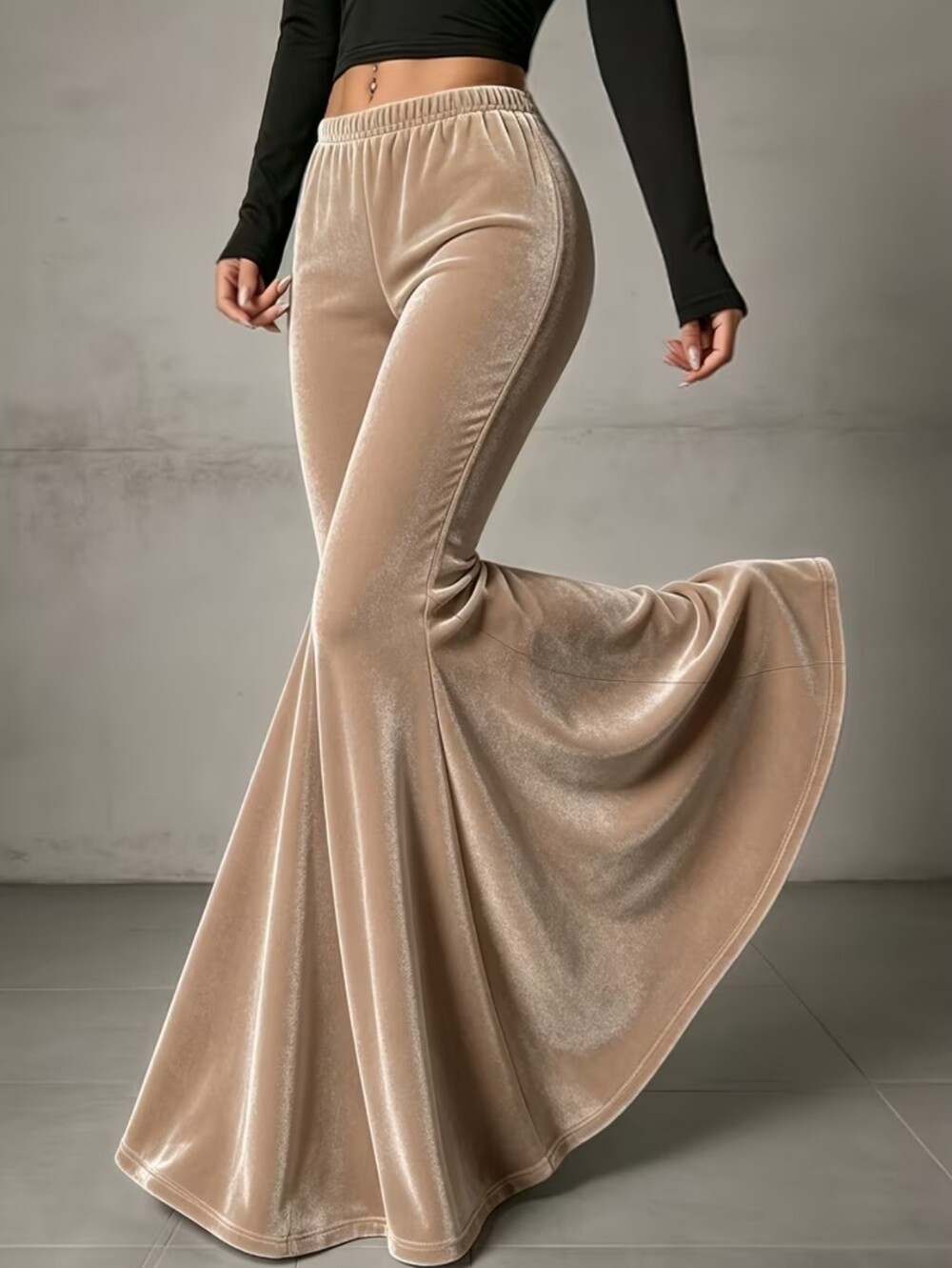 Women's Elegant Slim-Fit Velvet Flared Trousers, with Elastic Waistband/Flared